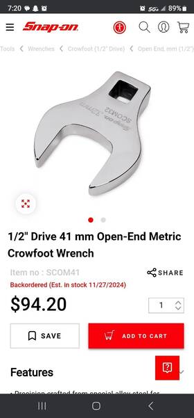 2069400190 Snap-on 1/2in Drive 41mm Open End Metric Crowfoot Wrench