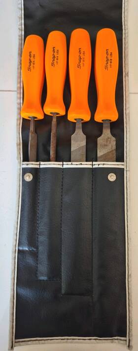 Hbf500o Snap-on Tools Usa Rare 4pc Orange Hard Handle File Set And Pouch Kit Bag