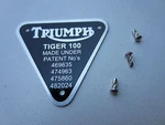Triumph 'tiger 100' Timing Cover Patent Plate Badge 70-1678. Fixed Price $12.95.