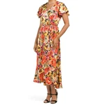 Nicole Miller New York Floral Flutter Sleeve Wrap Maxi Dress Xs Orange Yellow. Fixed Price $29.99.